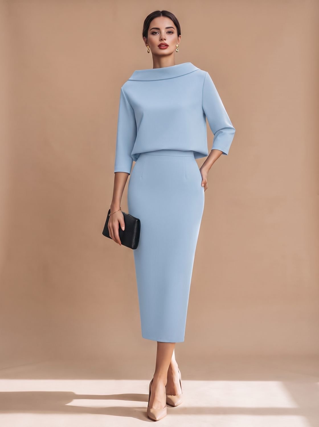 Women's Boat Neck Top Midi Skirt Two-Piece Crepe Co-ord Set - Sky Blue
