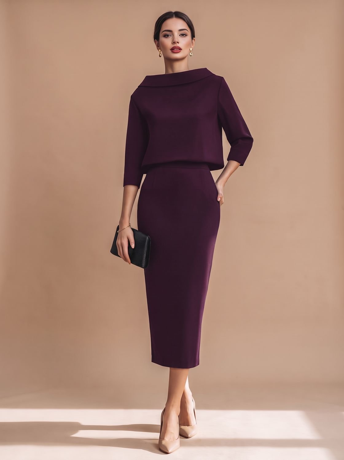 Women's Boat Neck Top Midi Skirt Two-Piece Crepe Co-ord Set - Purple