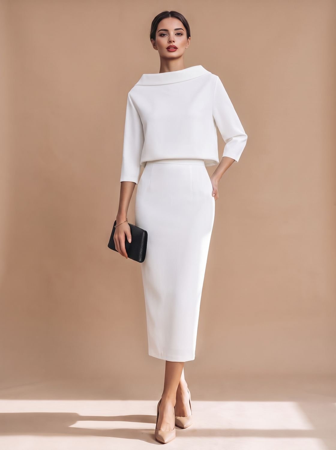 Women's Boat Neck Top Midi Skirt Two-Piece Crepe Co-ord Set - White