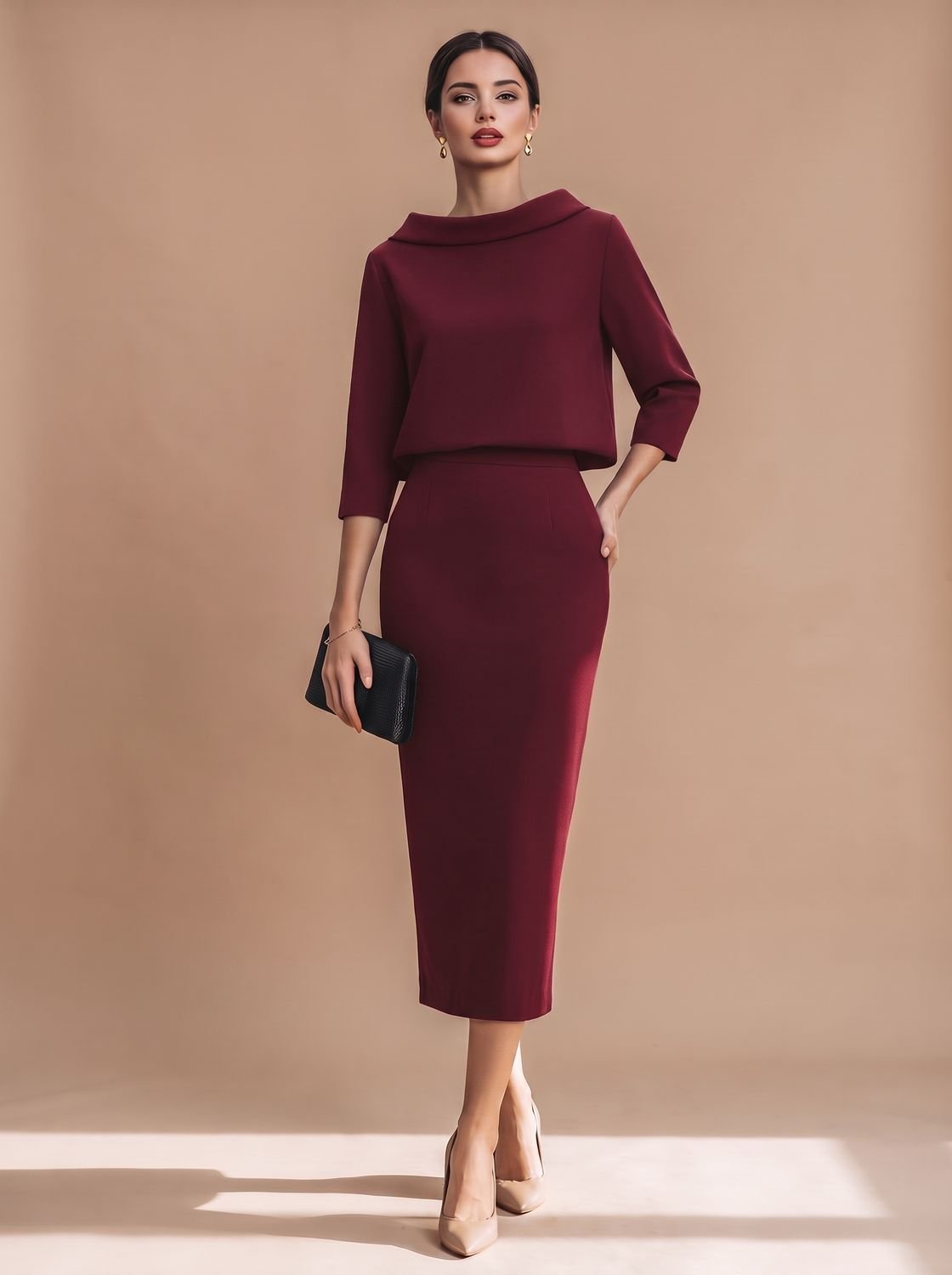 Women's Boat Neck Top Midi Skirt Two-Piece Crepe Co-ord Set - Burgundy