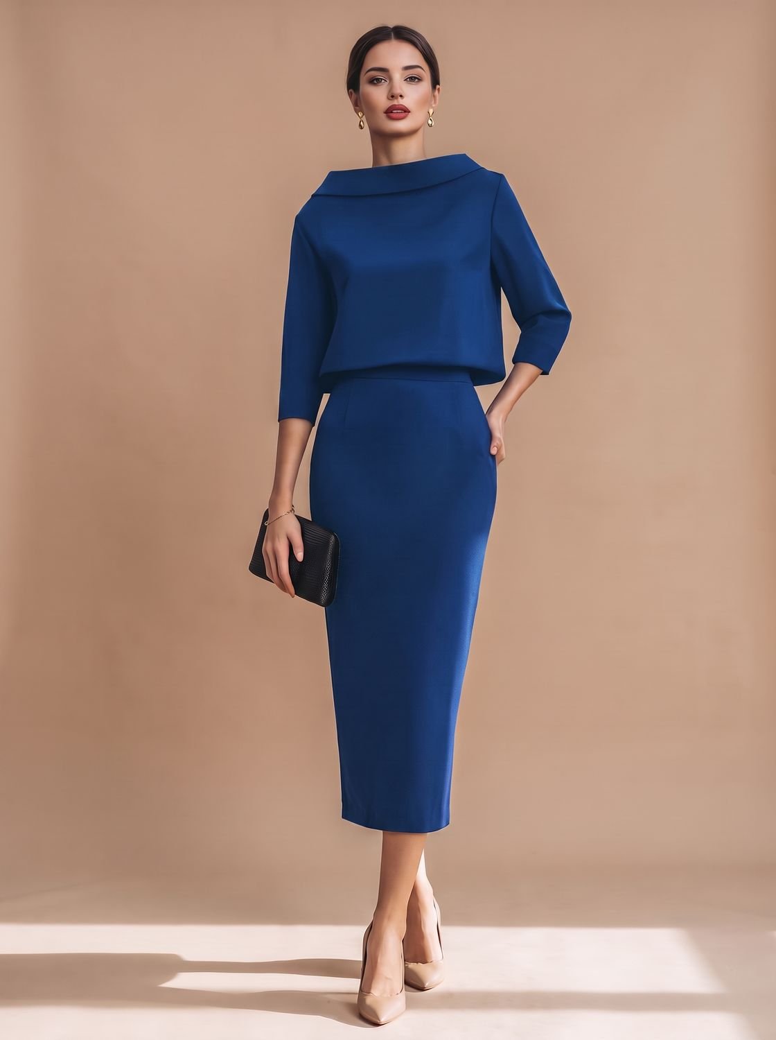 Women's Boat Neck Top Midi Skirt Two-Piece Crepe Co-ord Set - Blue