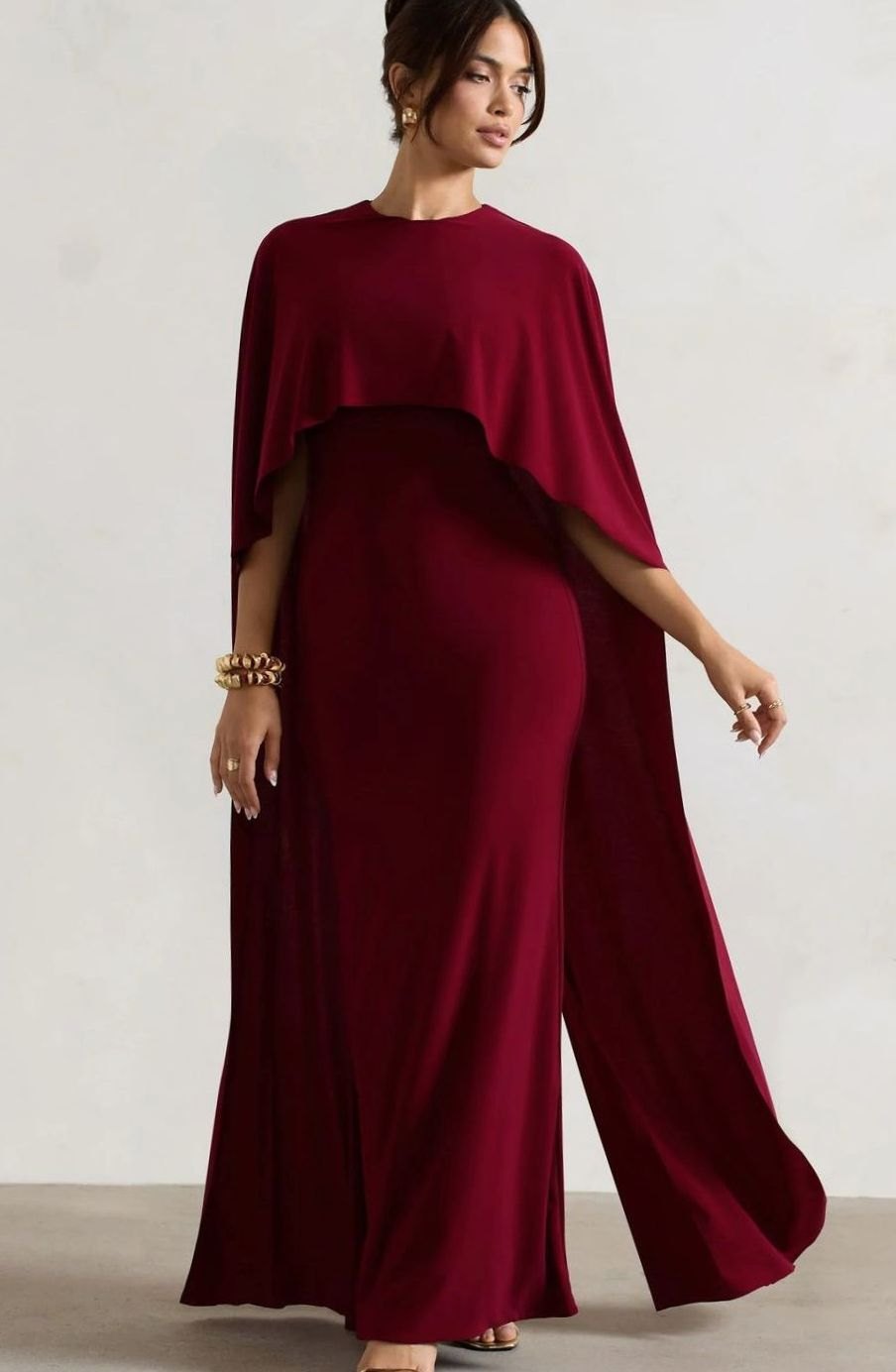 Women's Bodycon Cape-Sleeve Stretch Jersey Maxi Dress - Red