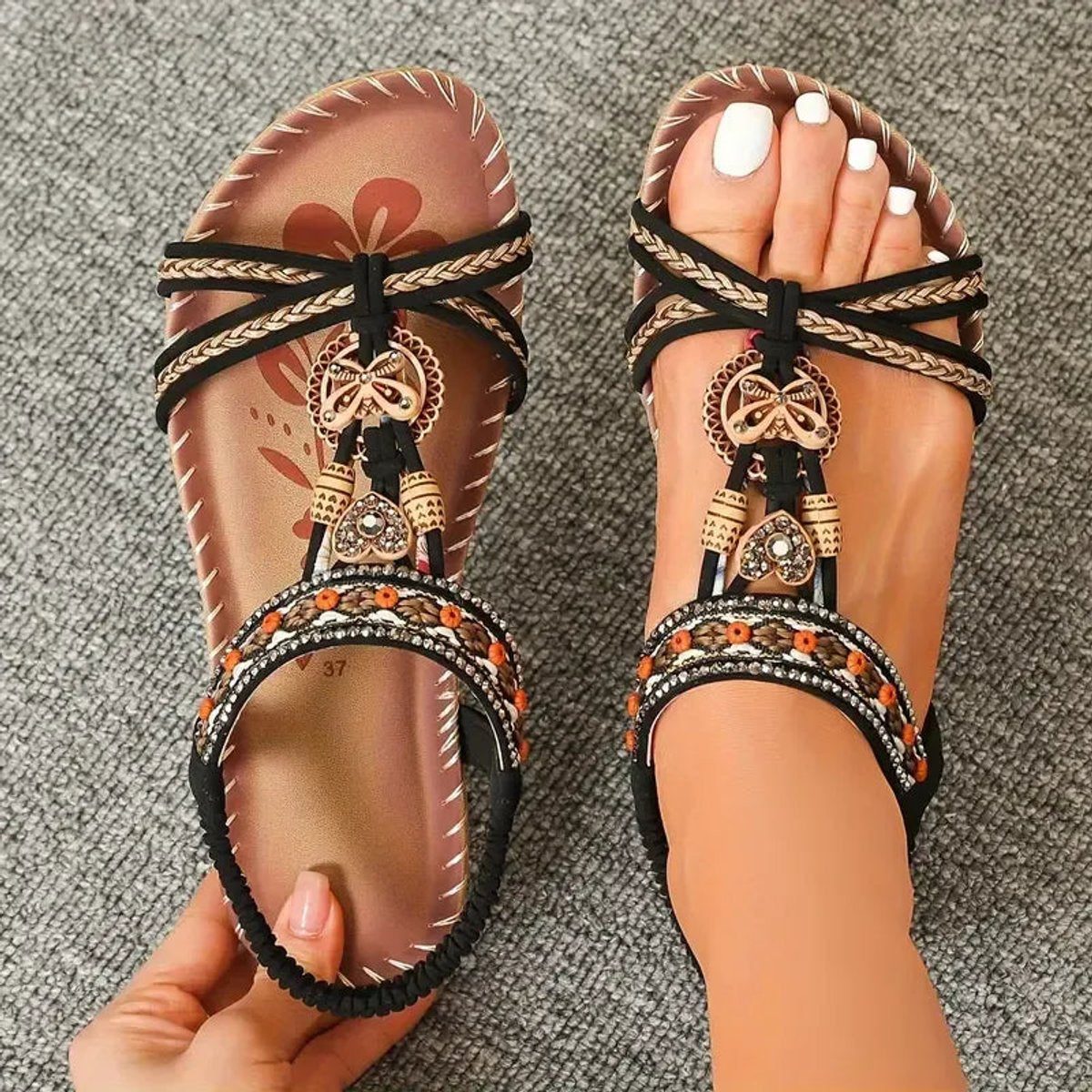 Women's Bohemian Beaded Flat Comfort Sandals Braided Strap - Light Black