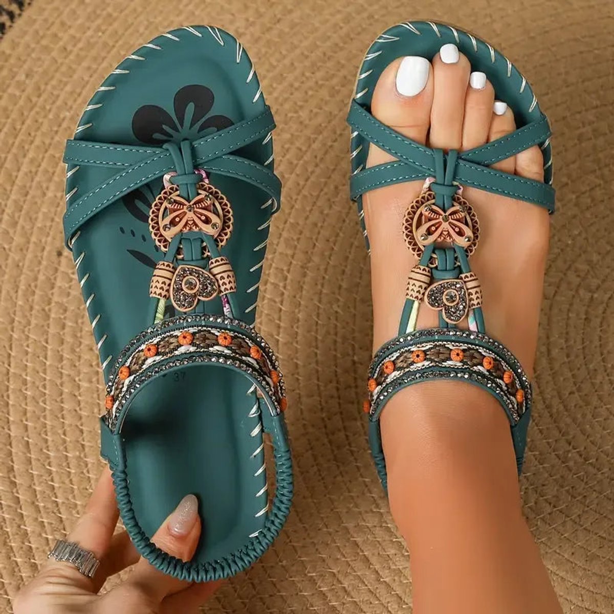 Women's Bohemian Beaded Flat Comfort Sandals Braided Strap