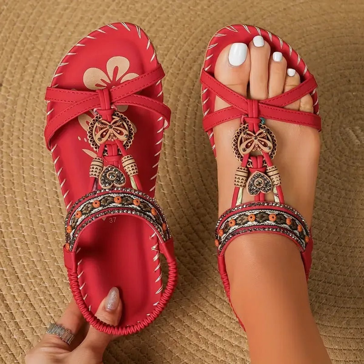 Women's Bohemian Beaded Flat Comfort Sandals Braided Strap - Brick Red