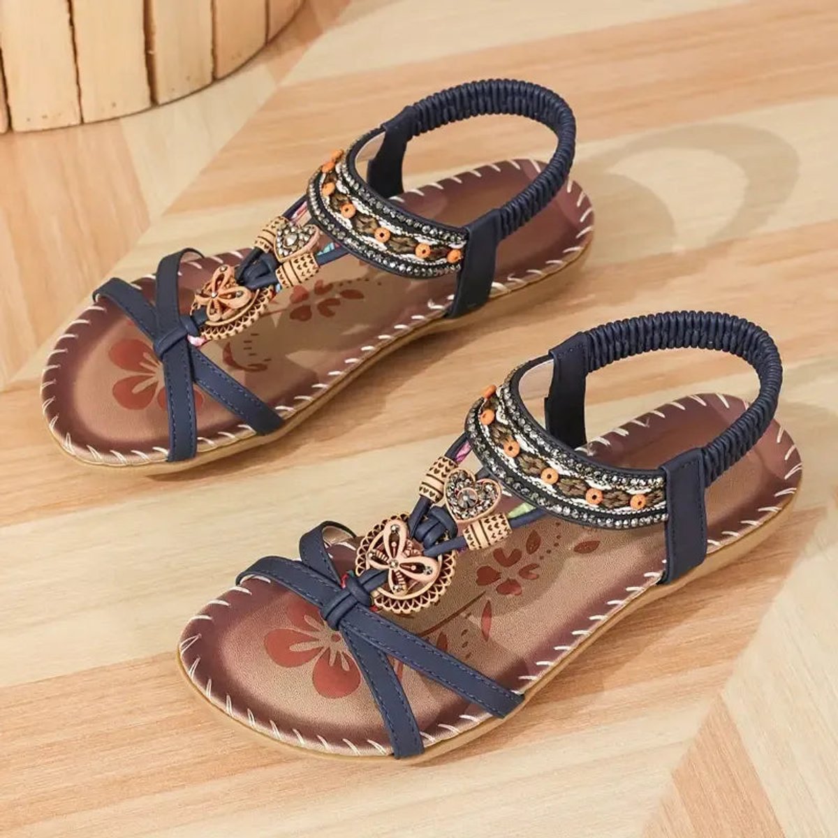 Women's Bohemian Beaded Flat Comfort Sandals Braided Strap - Brown Blue