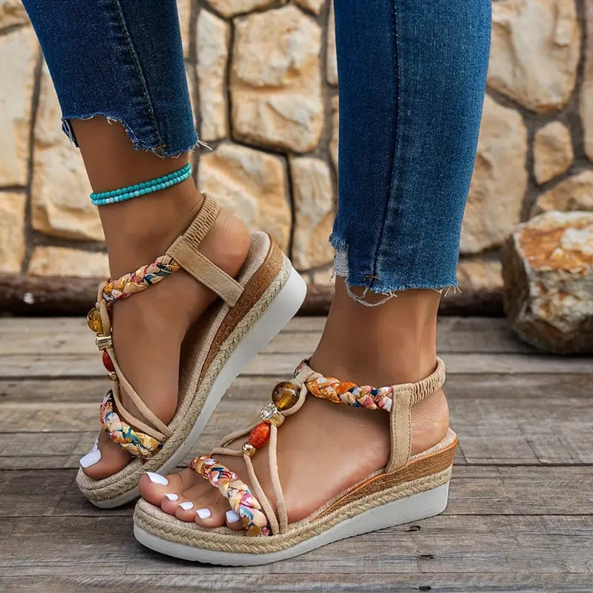 Women's Bohemian Beaded Wedge Comfort Sandals Open Toe Braided Straps - Beige