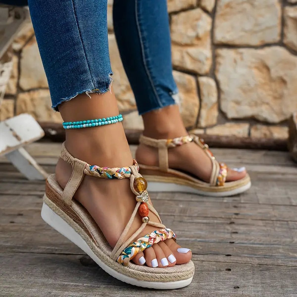 Women's Bohemian Beaded Wedge Comfort Sandals Open Toe Braided Straps