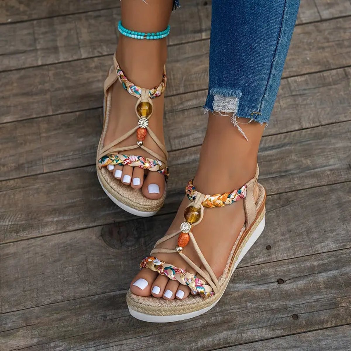 Women's Bohemian Beaded Wedge Comfort Sandals Open Toe Braided Straps