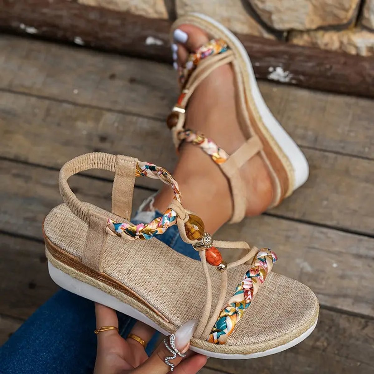 Women's Bohemian Beaded Wedge Comfort Sandals Open Toe Braided Straps