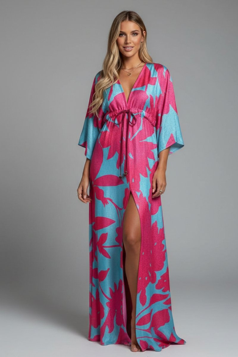 Women's Bohemian Chiffon V-Neck Drawstring Summer Dress Jumpsuit Maxi