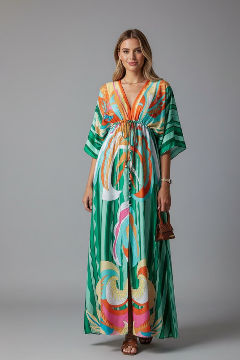 Women's Bohemian Chiffon V-Neck Drawstring Summer Dress Jumpsuit Maxi - Green