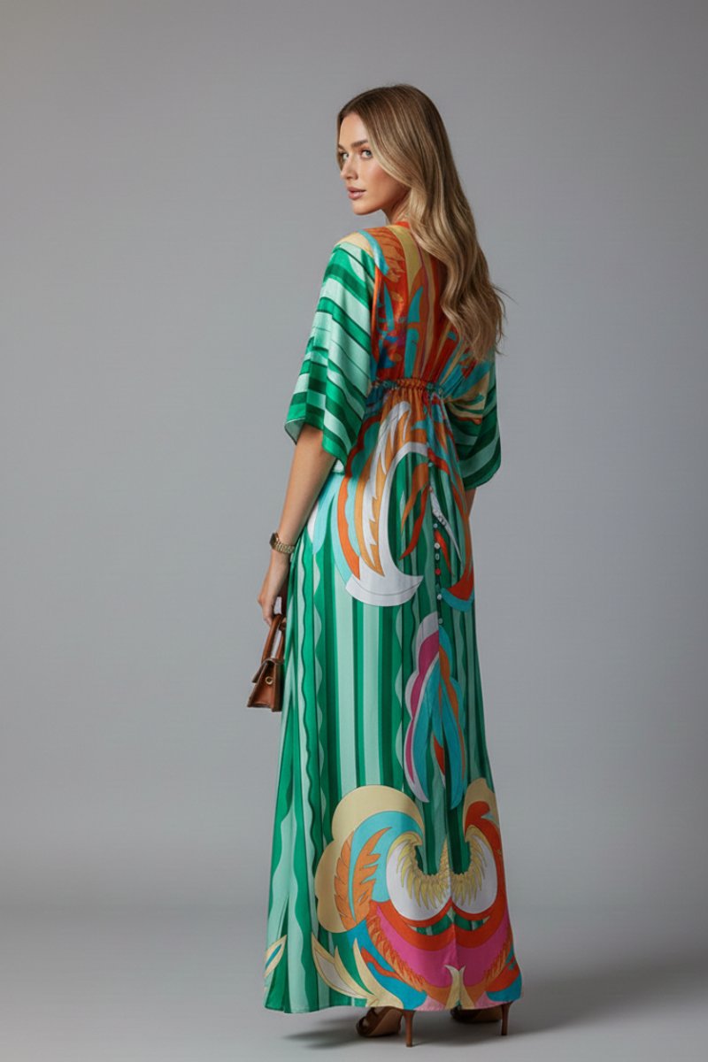 Women's Bohemian Chiffon V-Neck Drawstring Summer Dress Jumpsuit Maxi