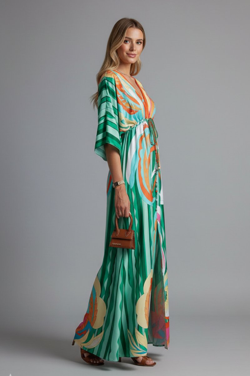 Women's Bohemian Chiffon V-Neck Drawstring Summer Dress Jumpsuit Maxi