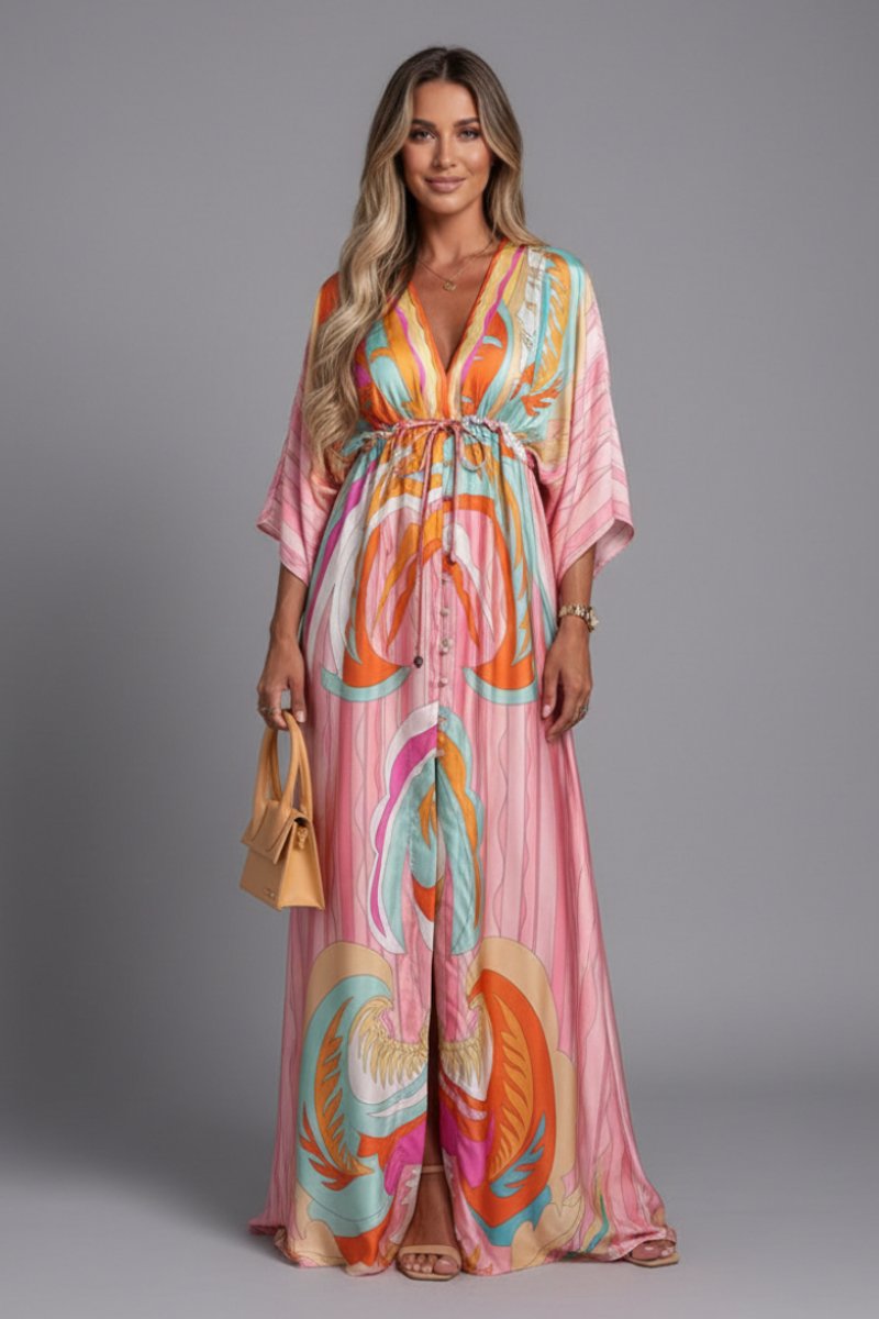 Women's Bohemian Chiffon V-Neck Drawstring Summer Dress Jumpsuit Maxi - Pink