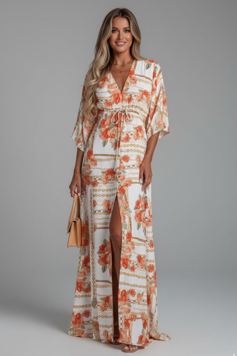 Women's Bohemian Chiffon V-Neck Drawstring Summer Dress Jumpsuit Maxi - Apricot