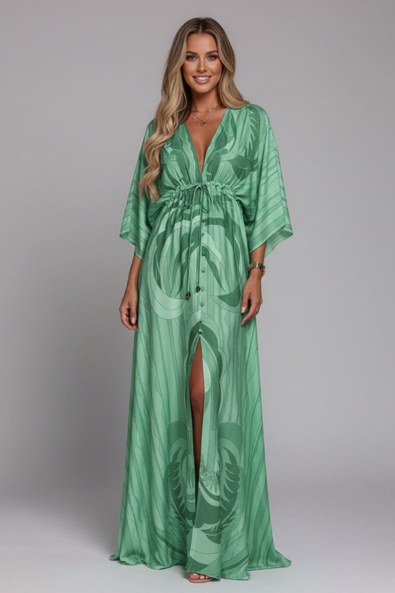 Women's Bohemian Chiffon V-Neck Drawstring Summer Dress Jumpsuit Maxi - Light Green
