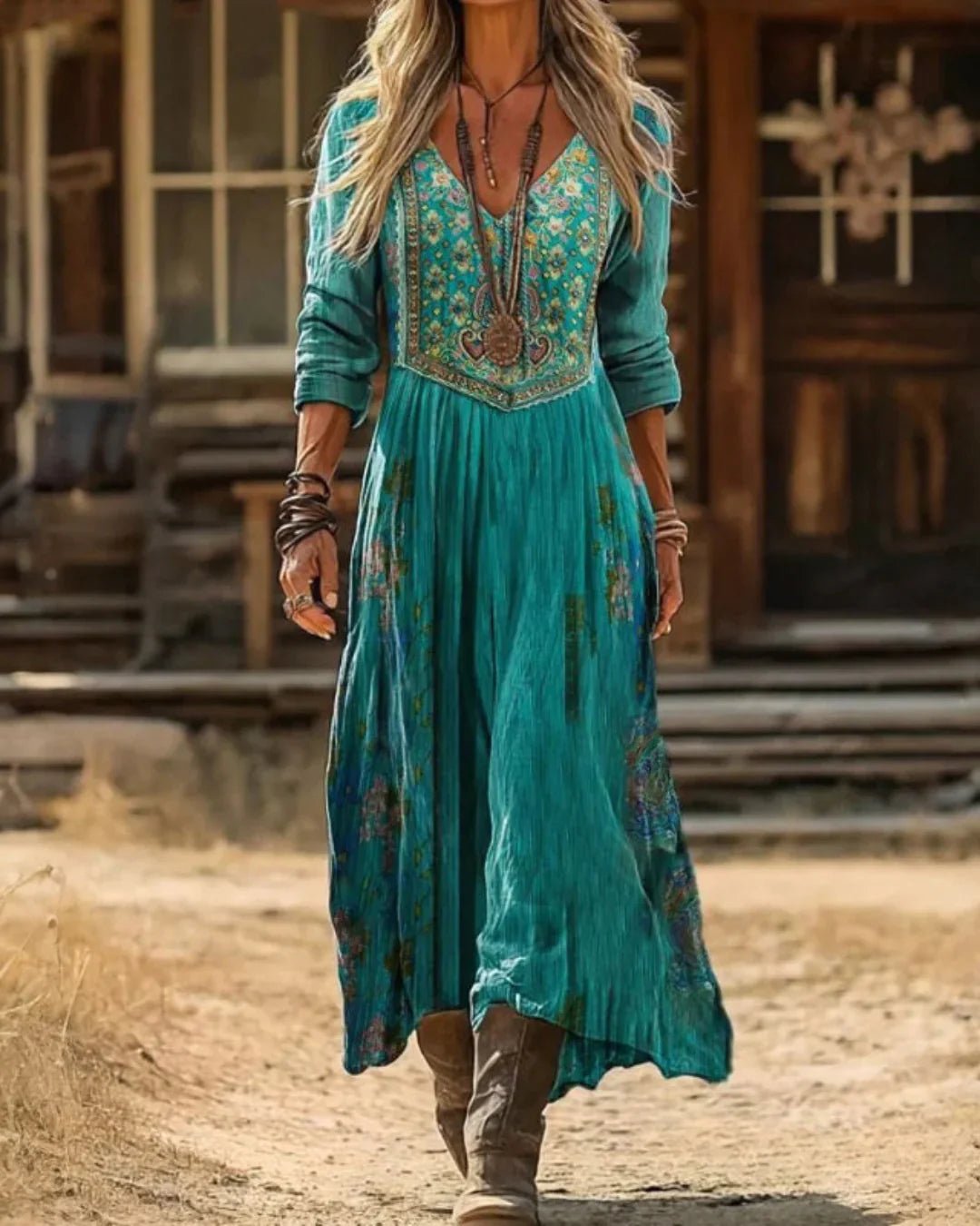 Women's Bohemian Embroidered V-Neck Long Sleeve Maxi Dress - Teal