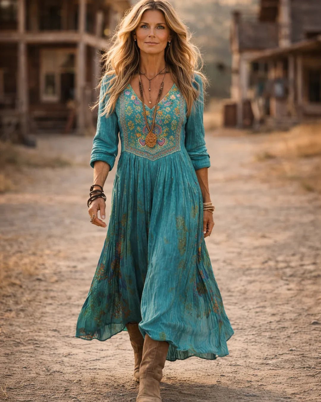 Women's Bohemian Embroidered V-Neck Long Sleeve Maxi Dress