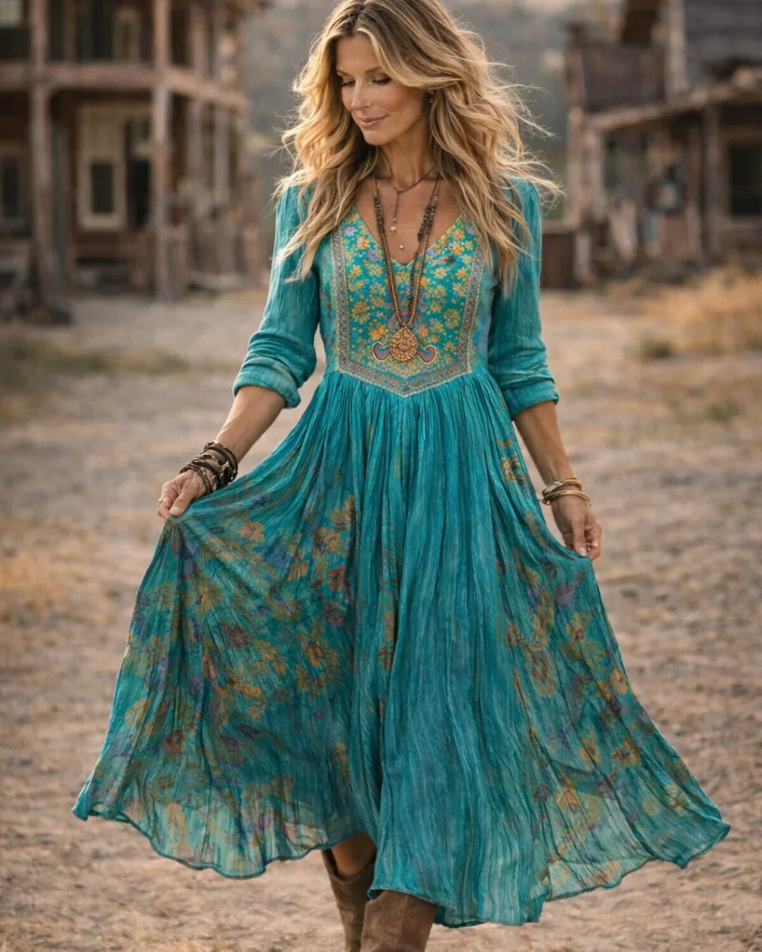 Women's Bohemian Embroidered V-Neck Long Sleeve Maxi Dress