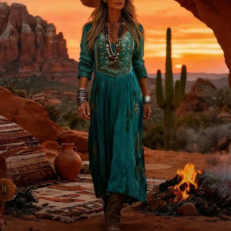 Women's Bohemian Embroidered V-Neck Long Sleeve Maxi Dress