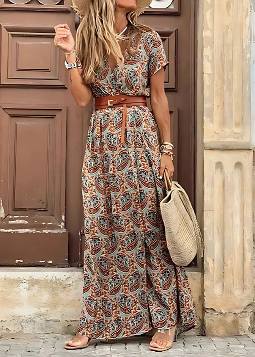 Women's Bohemian Floral Summer Dress Flowing Ruched-Waist Maxi - Brown
