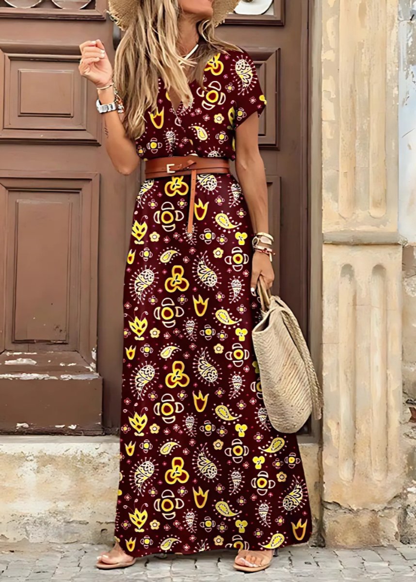 Women's Bohemian Floral Summer Dress Flowing Ruched-Waist Maxi - Burgundy