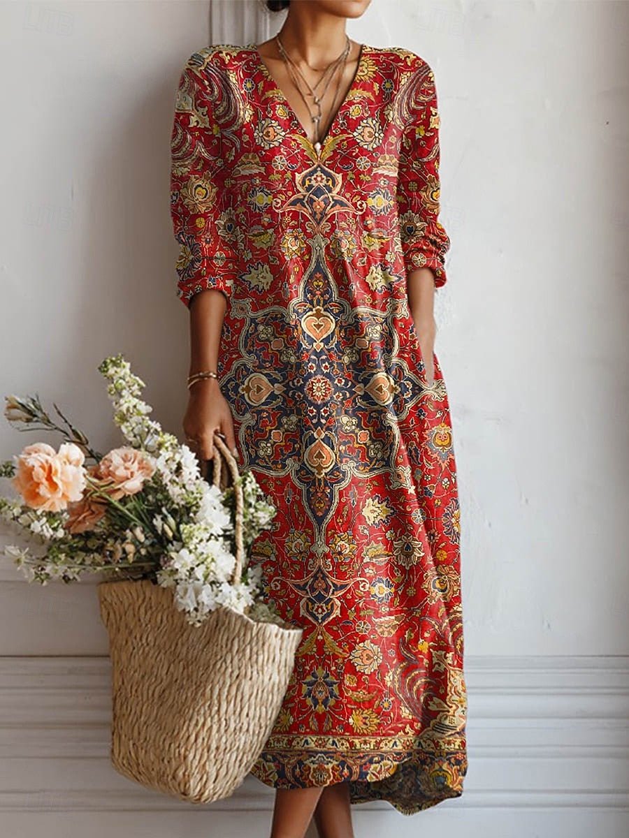 Women's Bohemian Floral Summer Dress Long Sleeve V-Neck Maxi - Dress