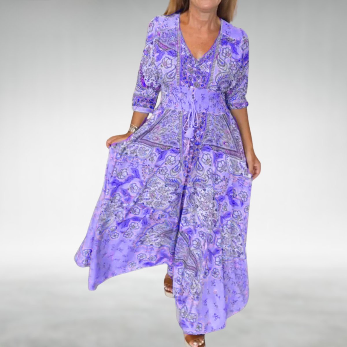 Women's Bohemian Paisley Formal Evening Dress Flowy V-Neck Maxi - Purple