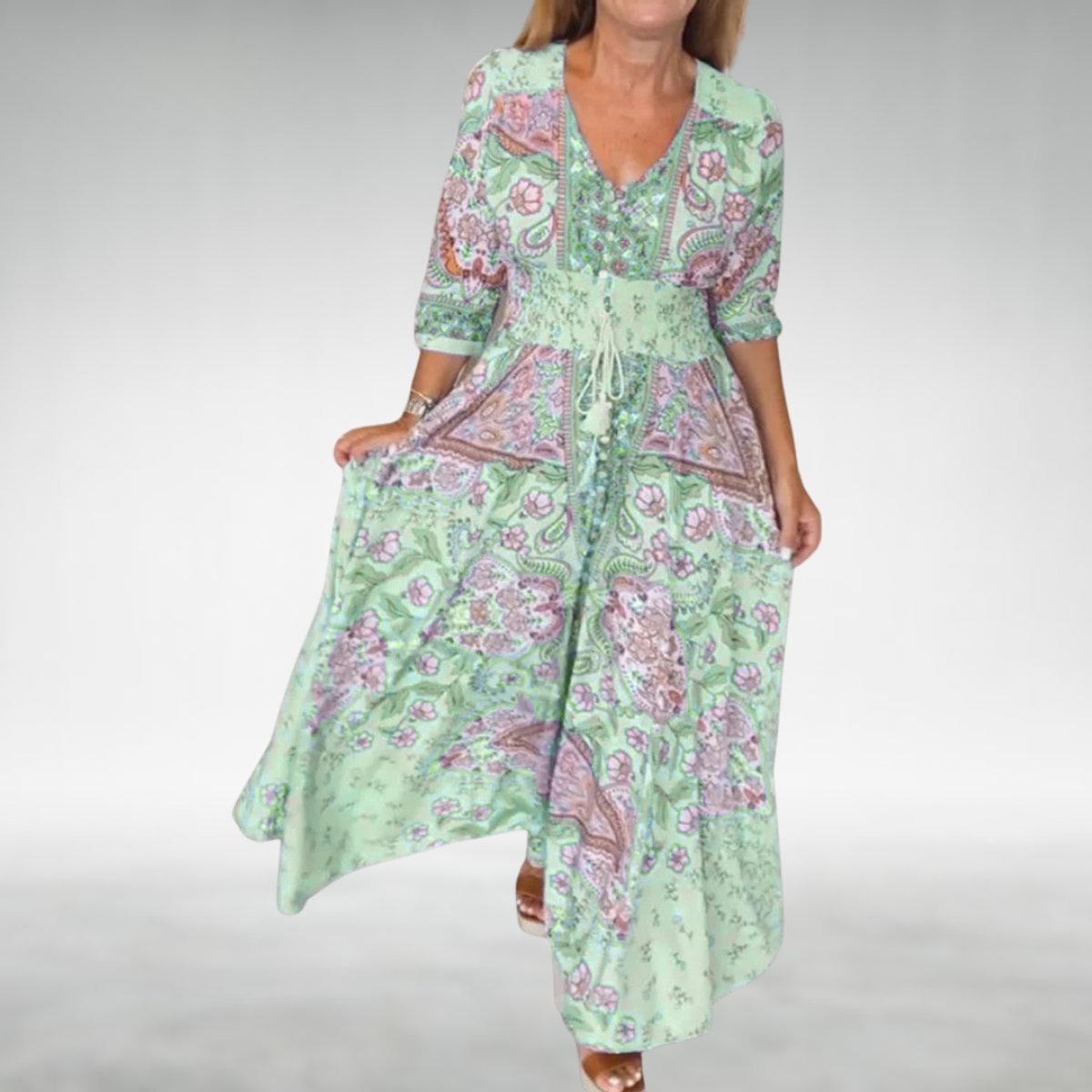 Women's Bohemian Paisley Formal Evening Dress Flowy V-Neck Maxi - Green