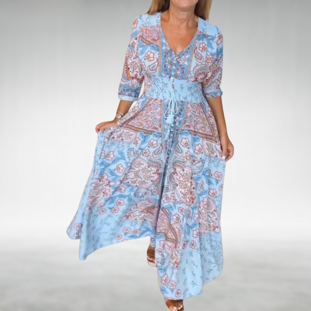 Women's Bohemian Paisley Formal Evening Dress Flowy V-Neck Maxi - Sky Blue