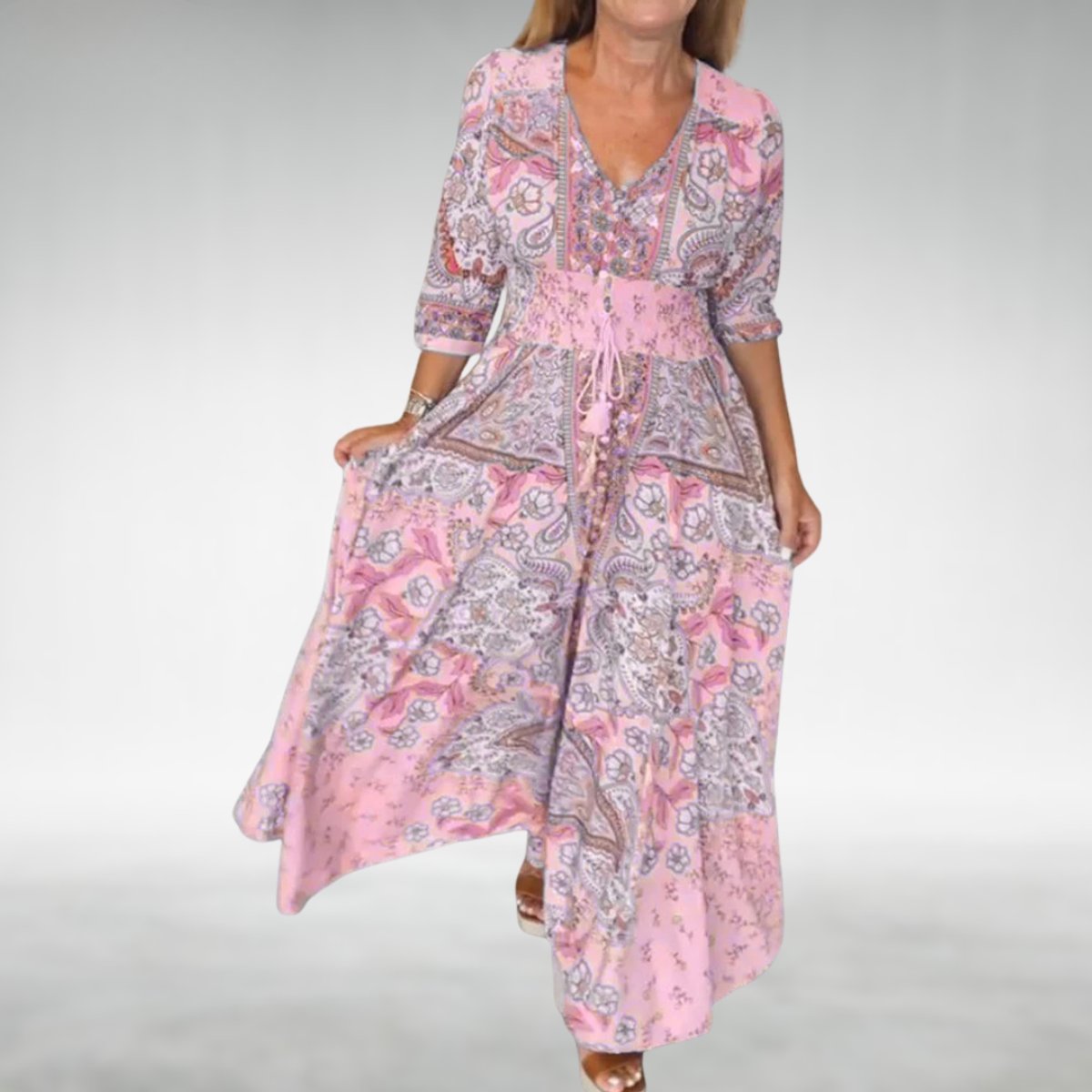 Women's Bohemian Paisley Formal Evening Dress Flowy V-Neck Maxi - Pink