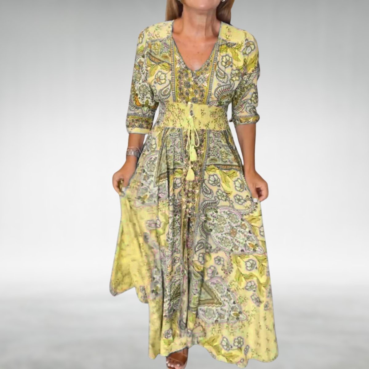 Women's Bohemian Paisley Formal Evening Dress Flowy V-Neck Maxi - Yellow