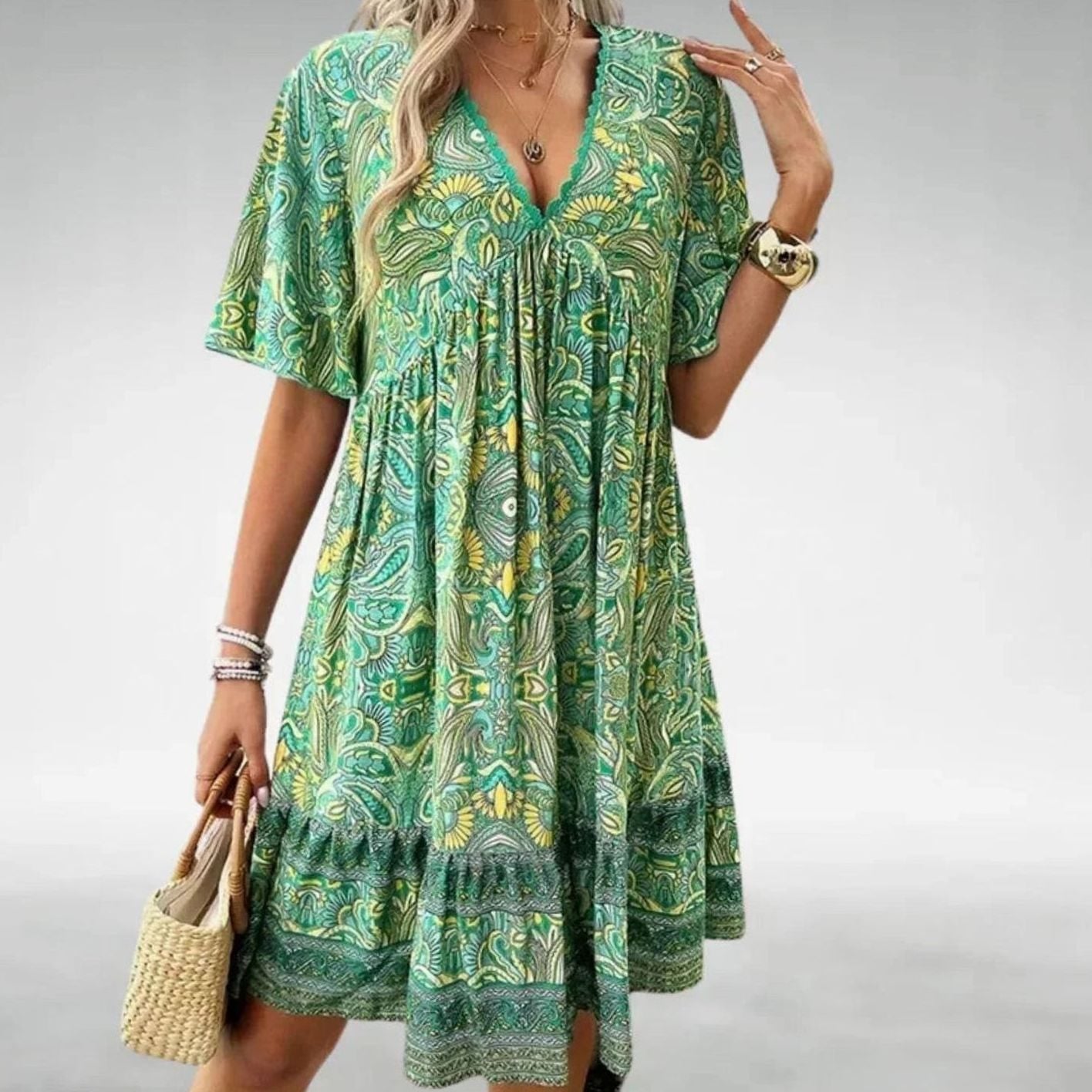 Women's Bohemian Paisley Print Short-Sleeve Boho Mini Dress - Green