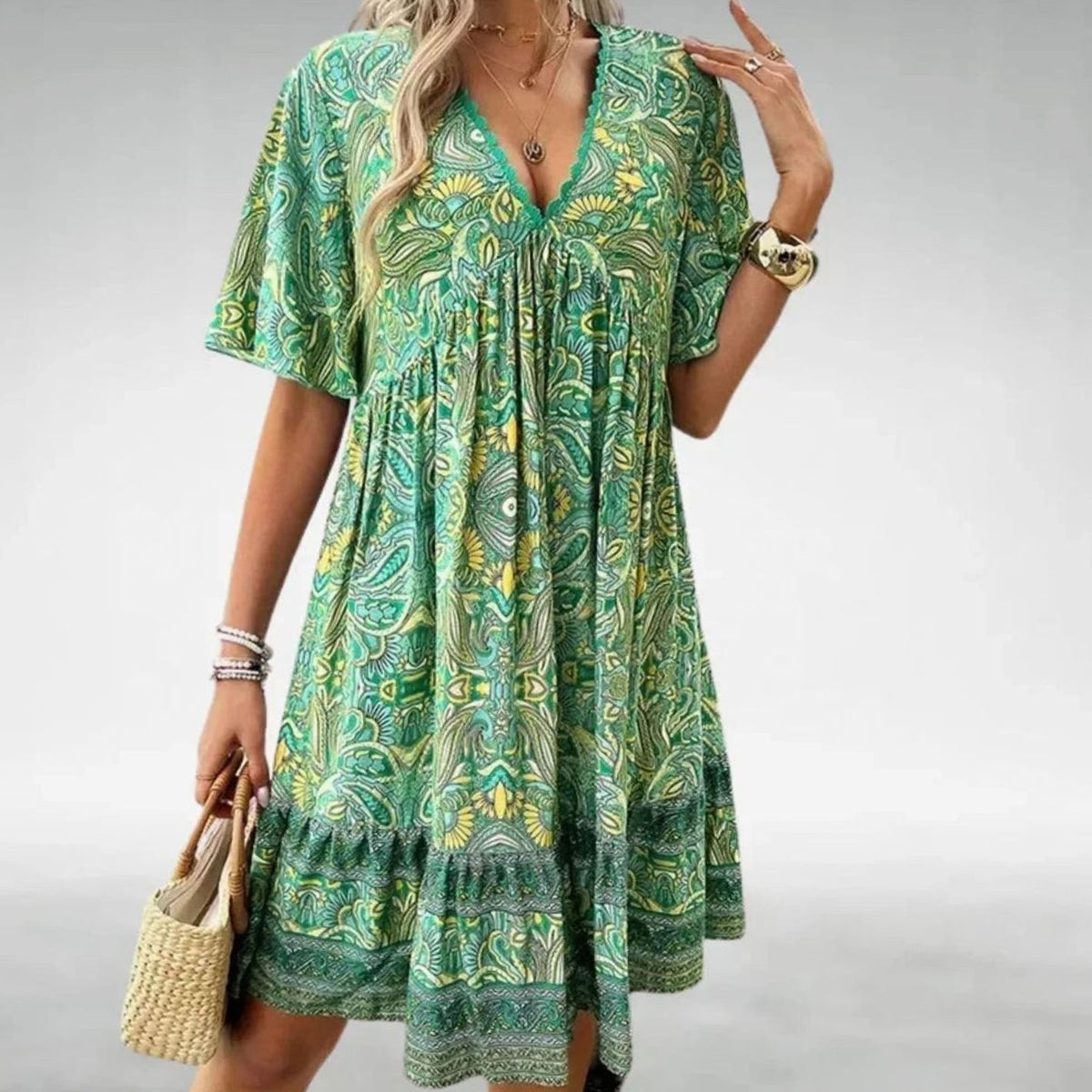 Women's Bohemian Paisley Print Short-Sleeve Boho Mini Dress - Green