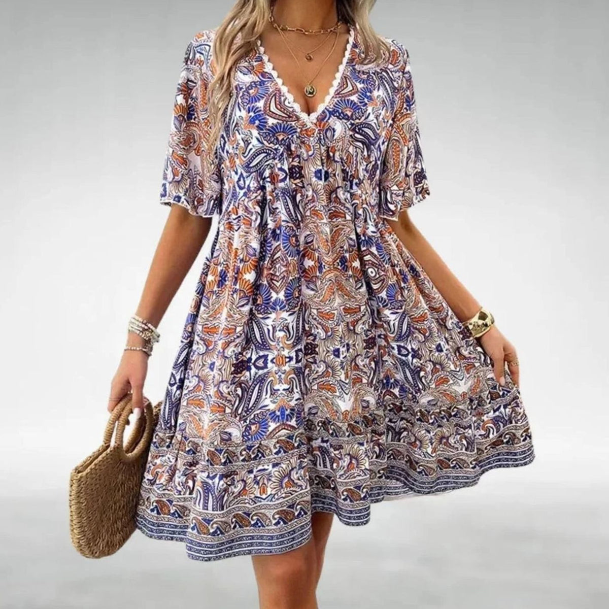 Women's Bohemian Paisley Print Short-Sleeve Boho Mini Dress - Blue
