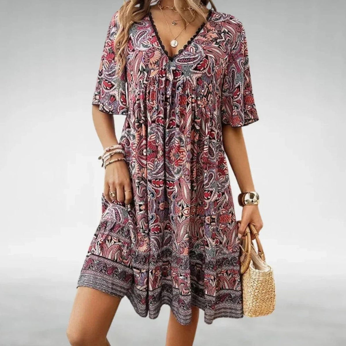Women's Bohemian Paisley Print Short-Sleeve Boho Mini Dress - Red