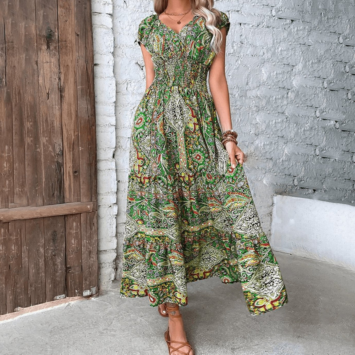 Women's Bohemian Paisley Smocked-Waist V-Neck Maxi Dress - Green