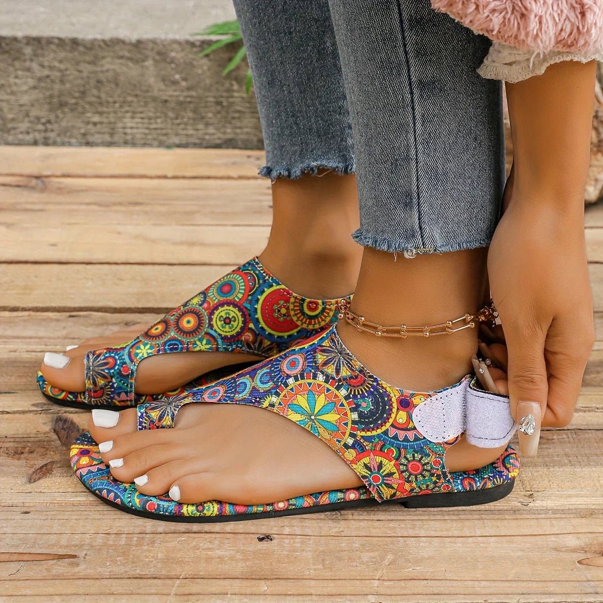 Women's Bohemian Toe-Loop Comfort Sandals Mandala Print Flat