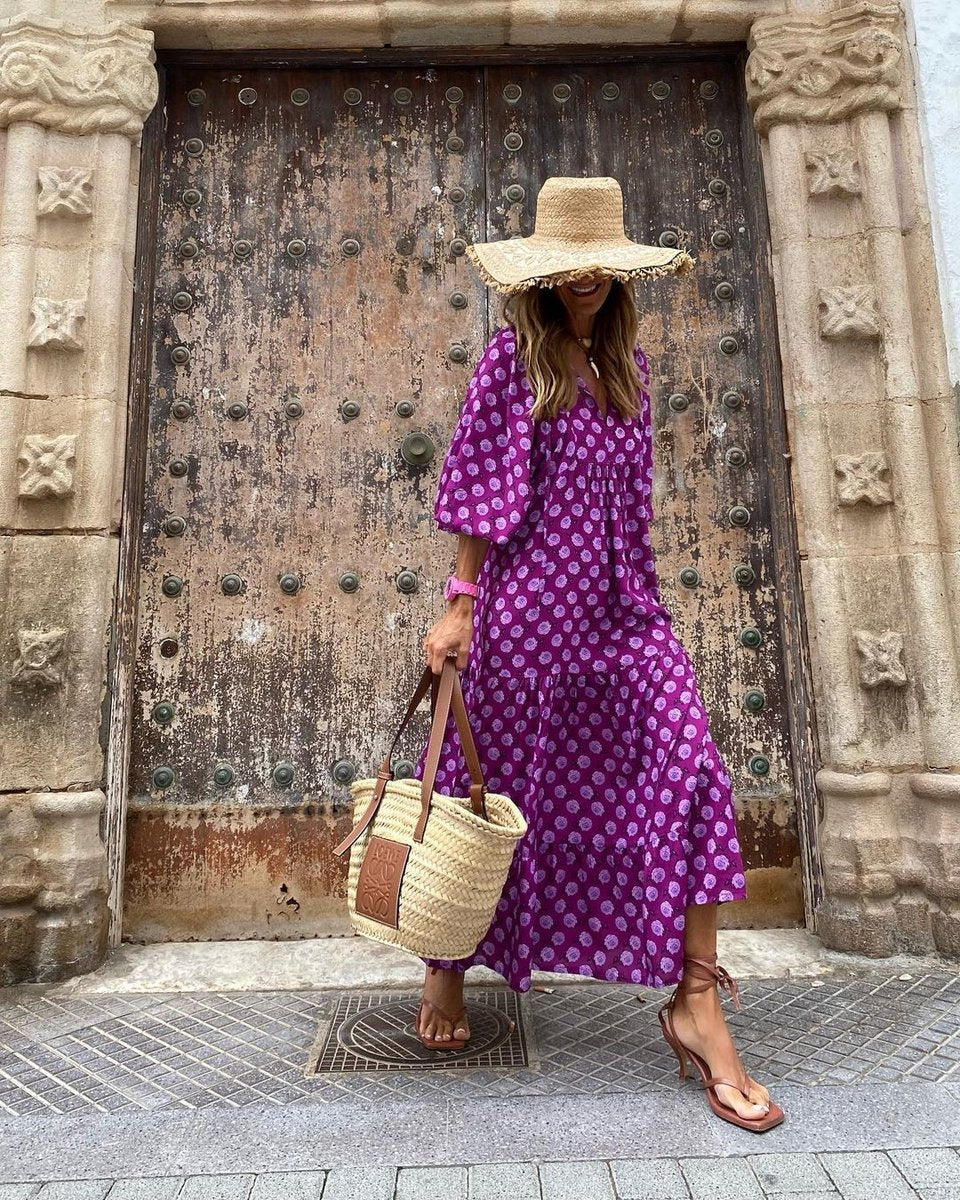 Women's Bohemian V-Neck Floral Summer Dress Tiered Maxi - Lilac