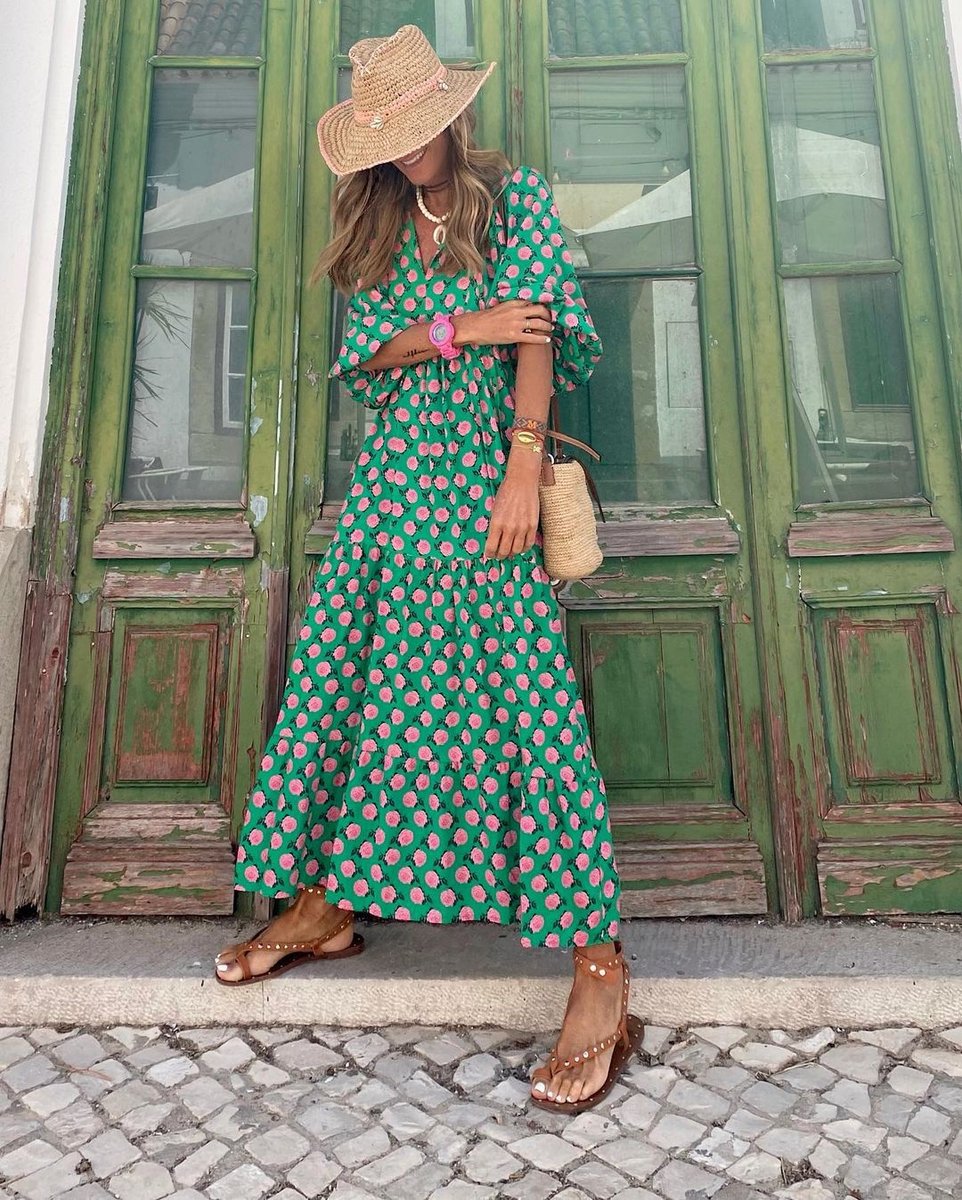 Women's Bohemian V-Neck Floral Summer Dress Tiered Maxi