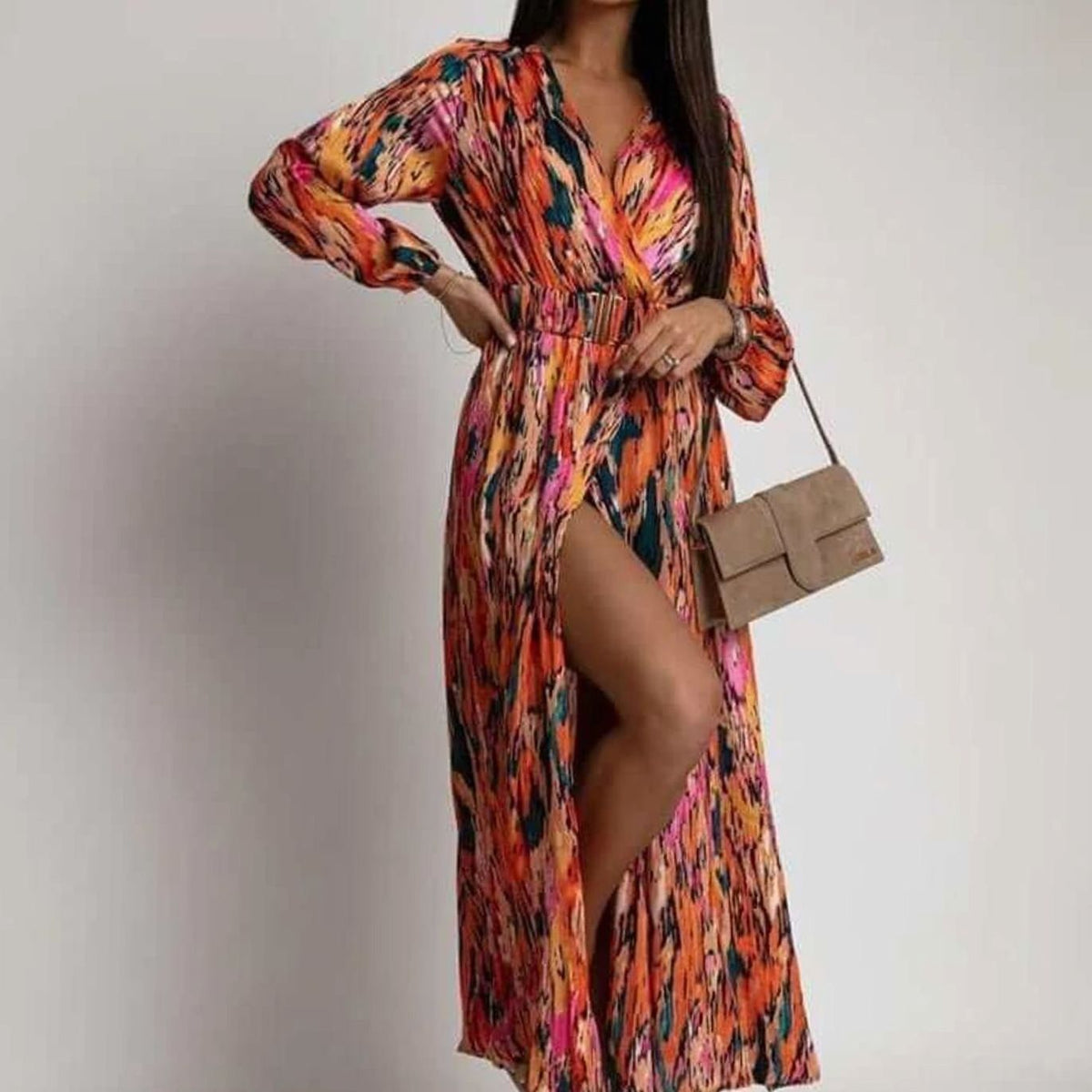 Women's Bohemian V-Neck Long-Sleeve Belted Split Maxi Dress - Orange