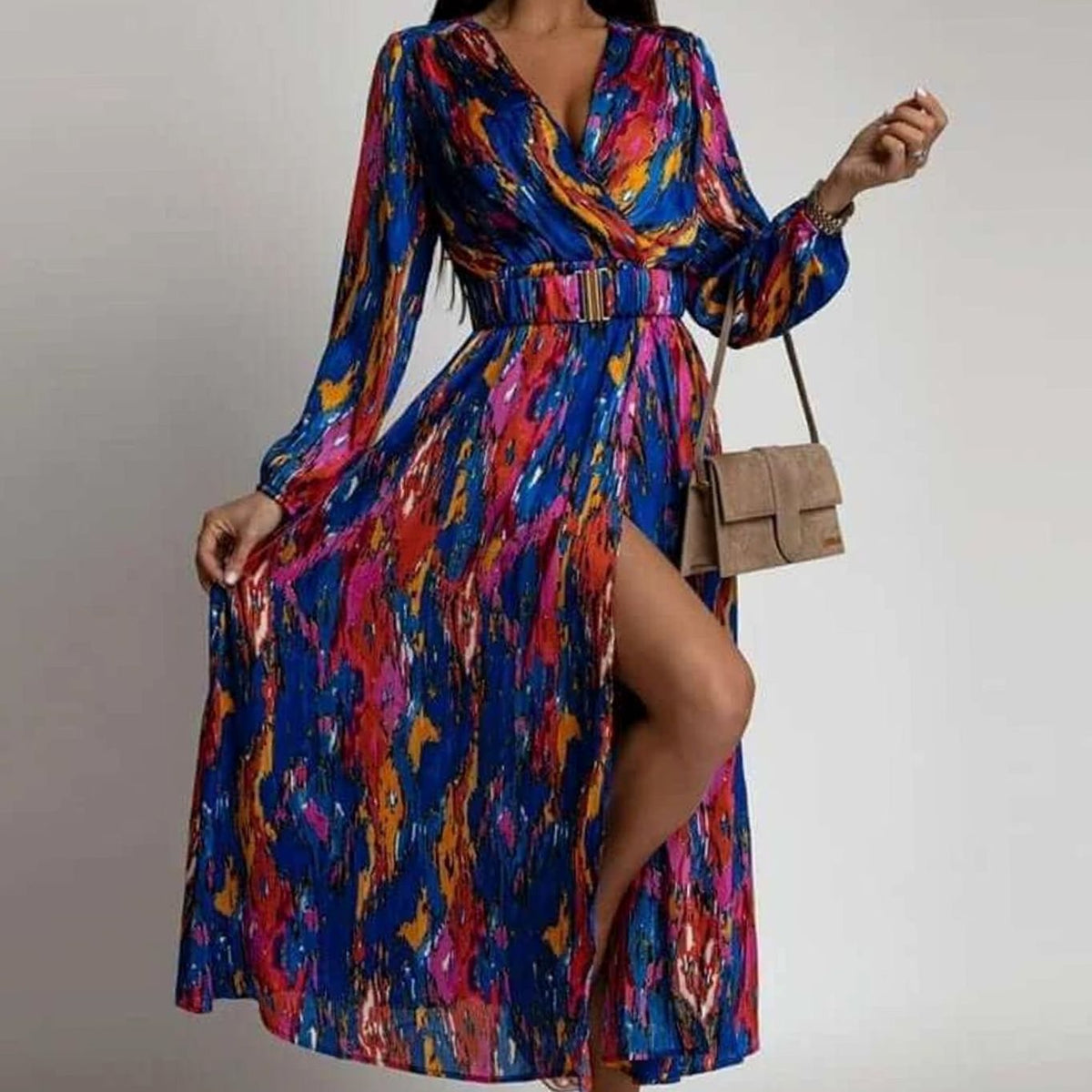 Women's Bohemian V-Neck Long-Sleeve Belted Split Maxi Dress - Blue