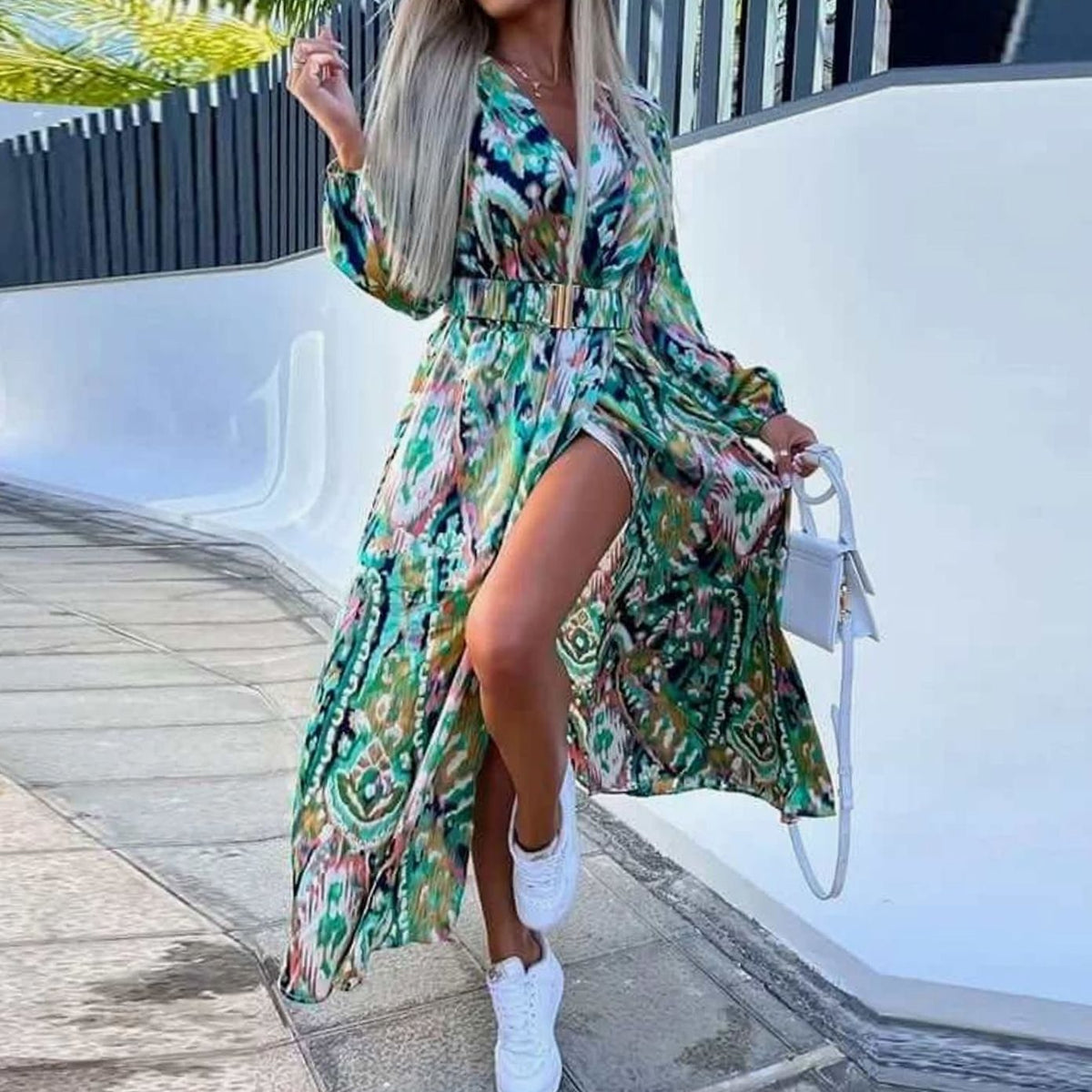 Women's Bohemian V-Neck Long-Sleeve Belted Split Maxi Dress - Green