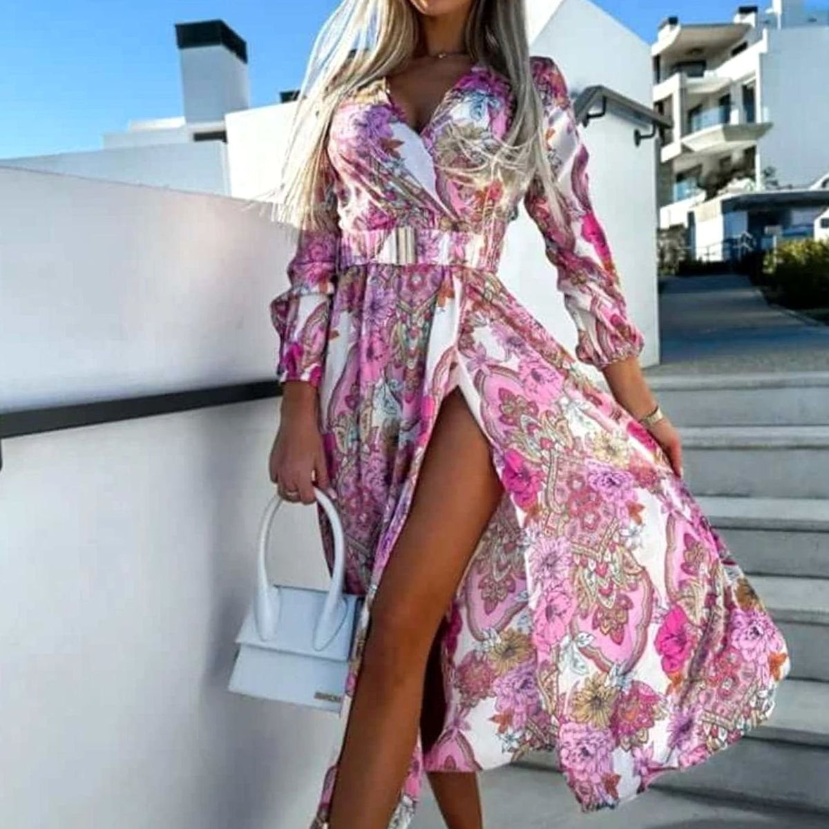 Women's Bohemian V-Neck Long-Sleeve Belted Split Maxi Dress - Pink