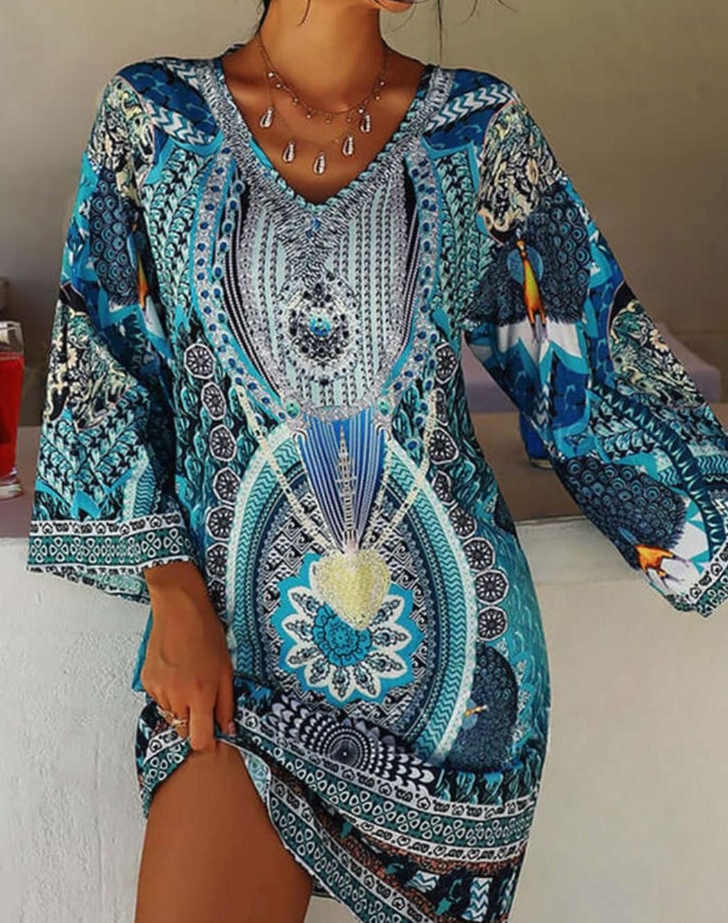 Women's Bohemian V-Neck Long-Sleeve Printed Mini Dress