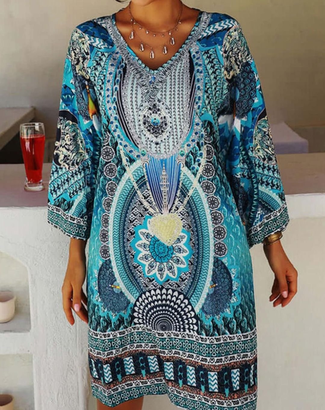 Women's Bohemian V-Neck Long-Sleeve Printed Mini Dress