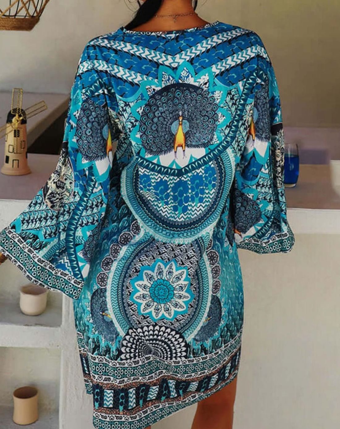 Women's Bohemian V-Neck Long-Sleeve Printed Mini Dress