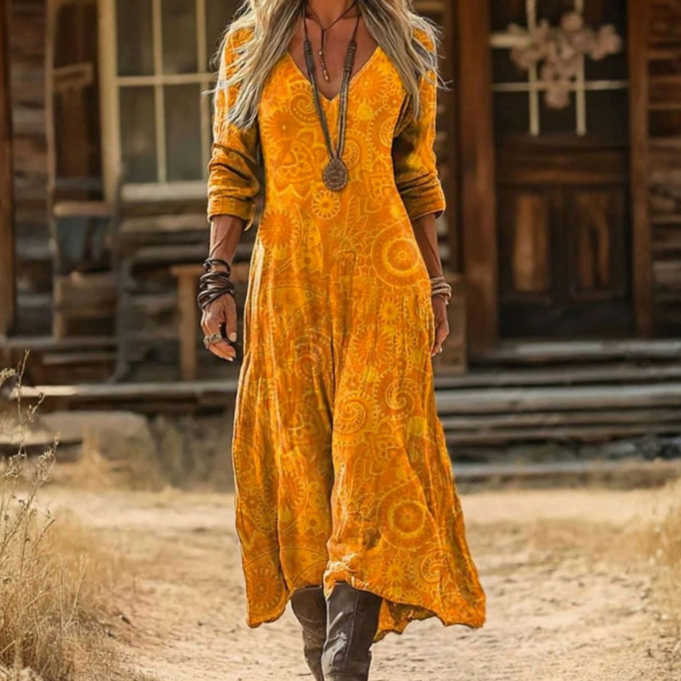 Women's Bohemian V-Neck Long-Sleeve Vintage Print Maxi Boho Dress - Yellow