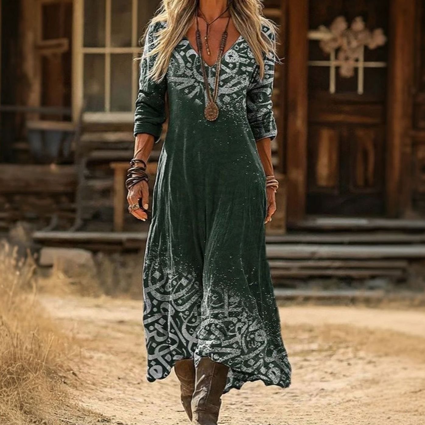 Women's Boho Dress Long Sleeve V-Neck Vintage Print Maxi - Multicolor